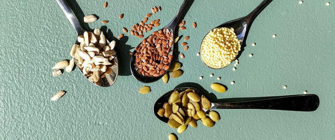 4 spoons filled with different seeds / powders lying on a table