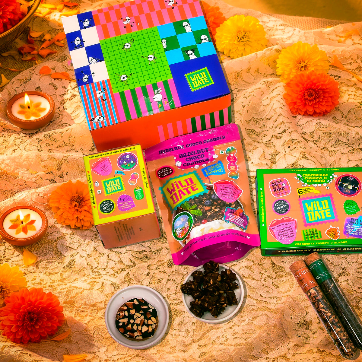 Wild Date Small Diwali Gift Hamper - Gluten-Free | Plant Protein-Rich Snacks | Hazelnut Chocolate Granola, Chocolate Cookie with Almond Bits, Cranberry, Cashew & Almond Bars, Festive Diyas & Premium Tea
