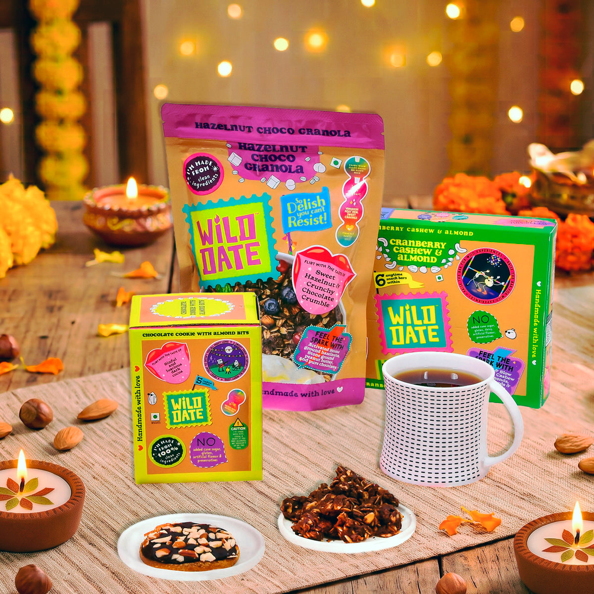 Wild Date Small Diwali Gift Hamper - Gluten-Free | Plant Protein-Rich Snacks | Hazelnut Chocolate Granola, Chocolate Cookie with Almond Bits, Cranberry, Cashew & Almond Bars, Festive Diyas & Premium Tea