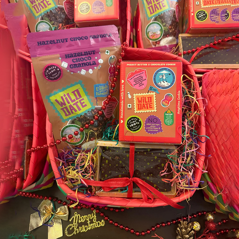 Wild Date – The Merry Munch Box | Festive Gift Hamper with Cashew and Raisin Cake, Hazelnut chocolate Granola & Peanut Butter Chocolate Cookies | Christmas/New Year Festive Gourmet Snack Gift Box