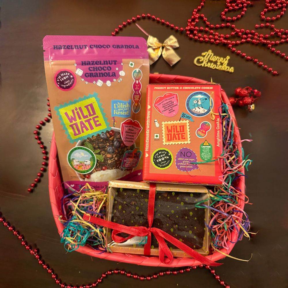 Wild Date – The Merry Munch Box | Festive Gift Hamper with Cashew and Raisin Cake, Hazelnut chocolate Granola & Peanut Butter Chocolate Cookies | Christmas/New Year Festive Gourmet Snack Gift Box