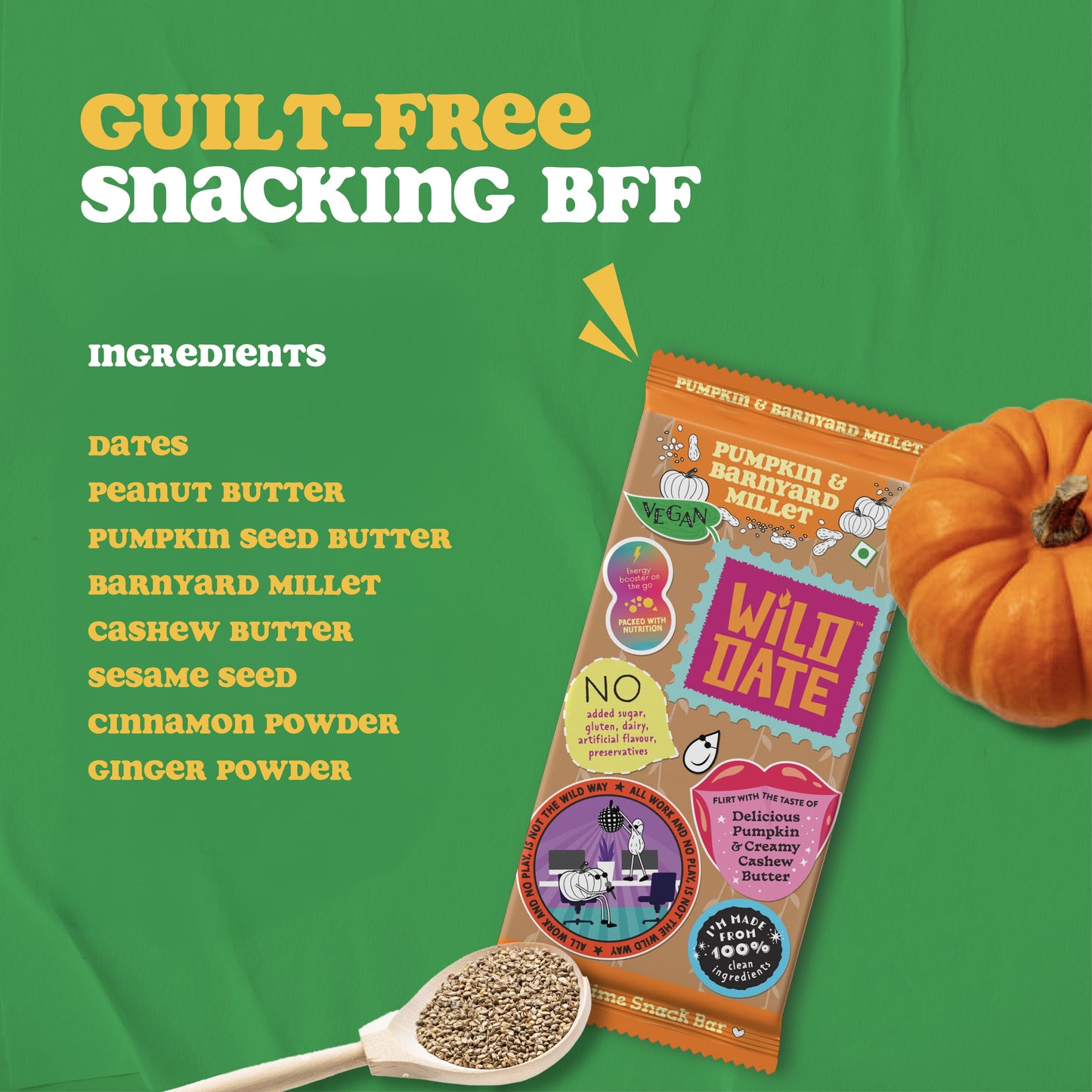 Pumpkin & Barnyard Millet Bars - Soft & Chewy Vegan Bars with Roasted Pumpkin Seeds & Creamy Cashew Butter, Sweetened with Dates | Plant Protein Rich, Gluten Free, No Added Preservatives | 240 g (Pack of 6)