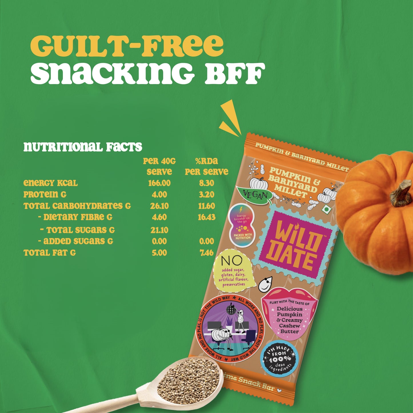Pumpkin & Barnyard Millet Bars - Soft & Chewy Vegan Bars with Roasted Pumpkin Seeds & Creamy Cashew Butter, Sweetened with Dates | Plant Protein Rich, Gluten Free, No Added Preservatives | 240 g (Pack of 6)