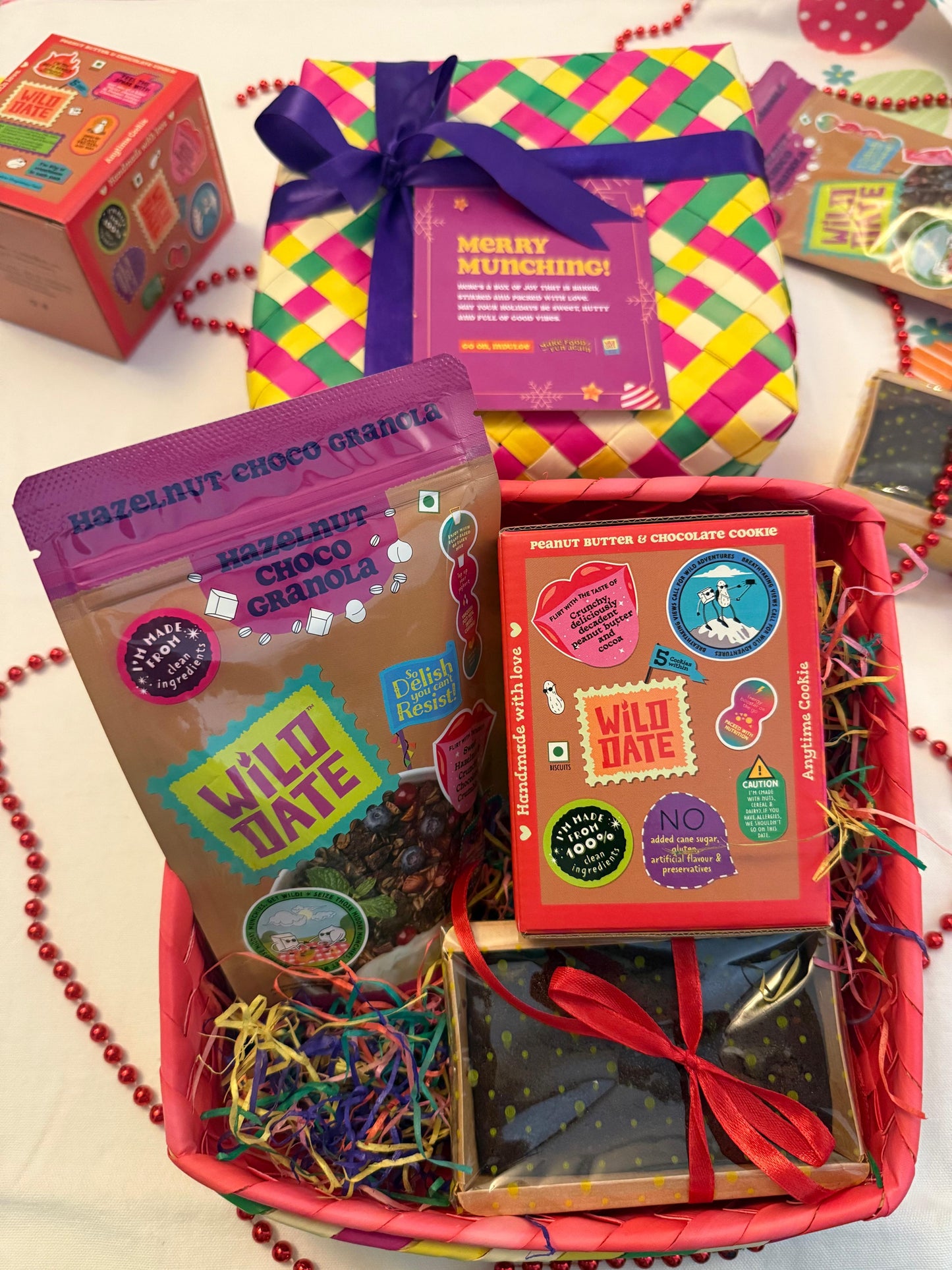 Wild Date – The Merry Munch Box | Festive Gift Hamper with Cashew and Raisin Cake, Hazelnut chocolate Granola & Peanut Butter Chocolate Cookies | Christmas/New Year Festive Gourmet Snack Gift Box