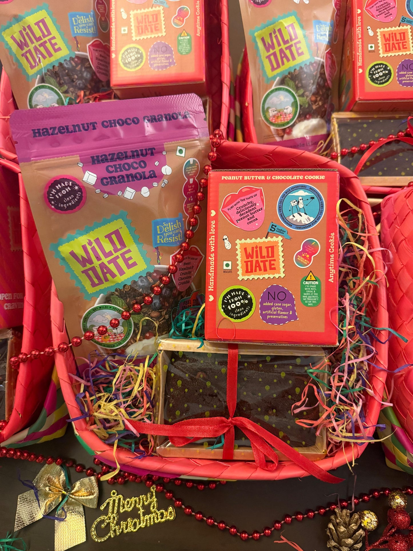 Wild Date – The Merry Munch Box | Festive Gift Hamper with Cashew and Raisin Cake, Hazelnut chocolate Granola & Peanut Butter Chocolate Cookies | Christmas/New Year Festive Gourmet Snack Gift Box